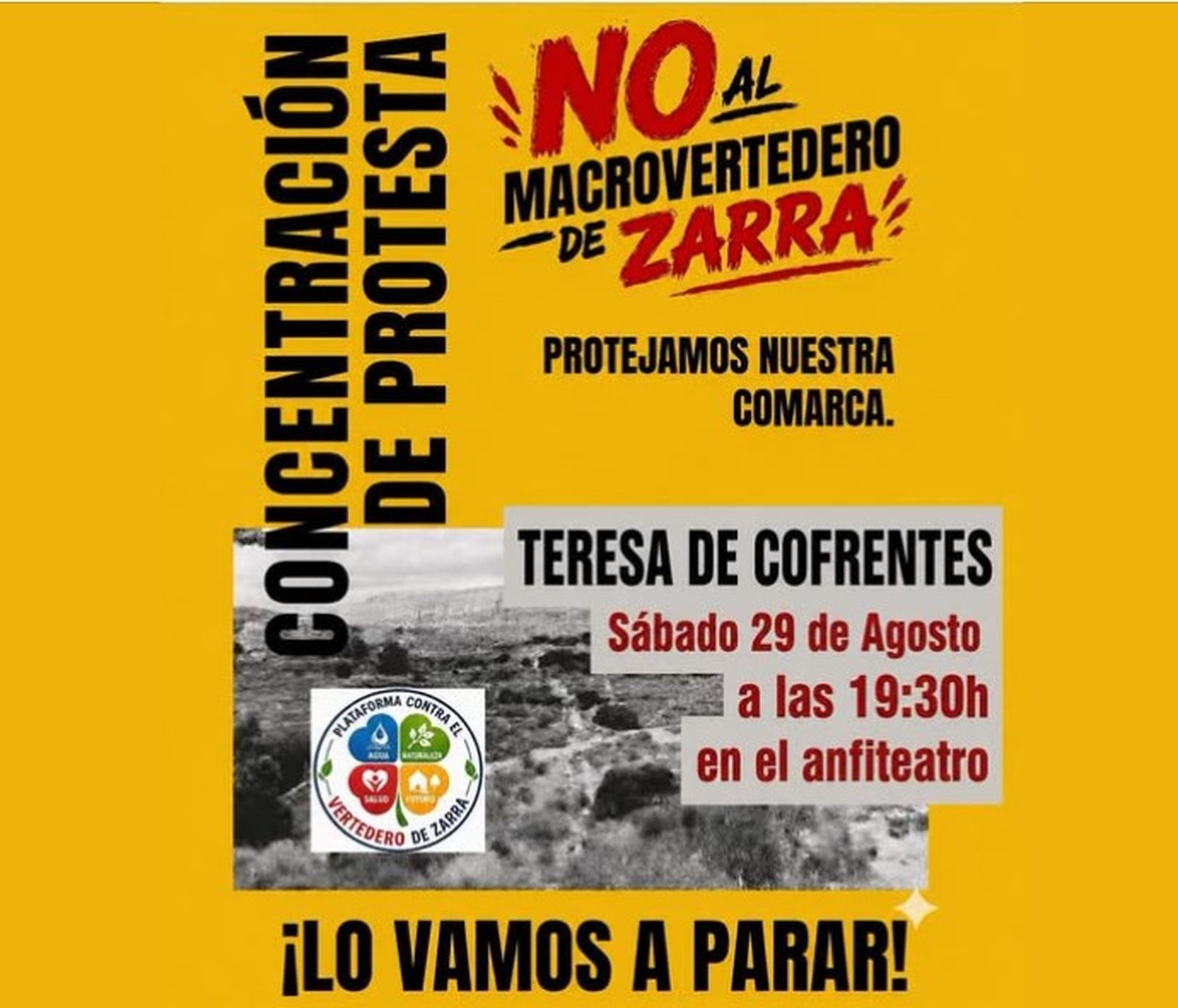 Cartell de la convocatoria  contra l'abocador de Zarra a Teresa de Cofrents