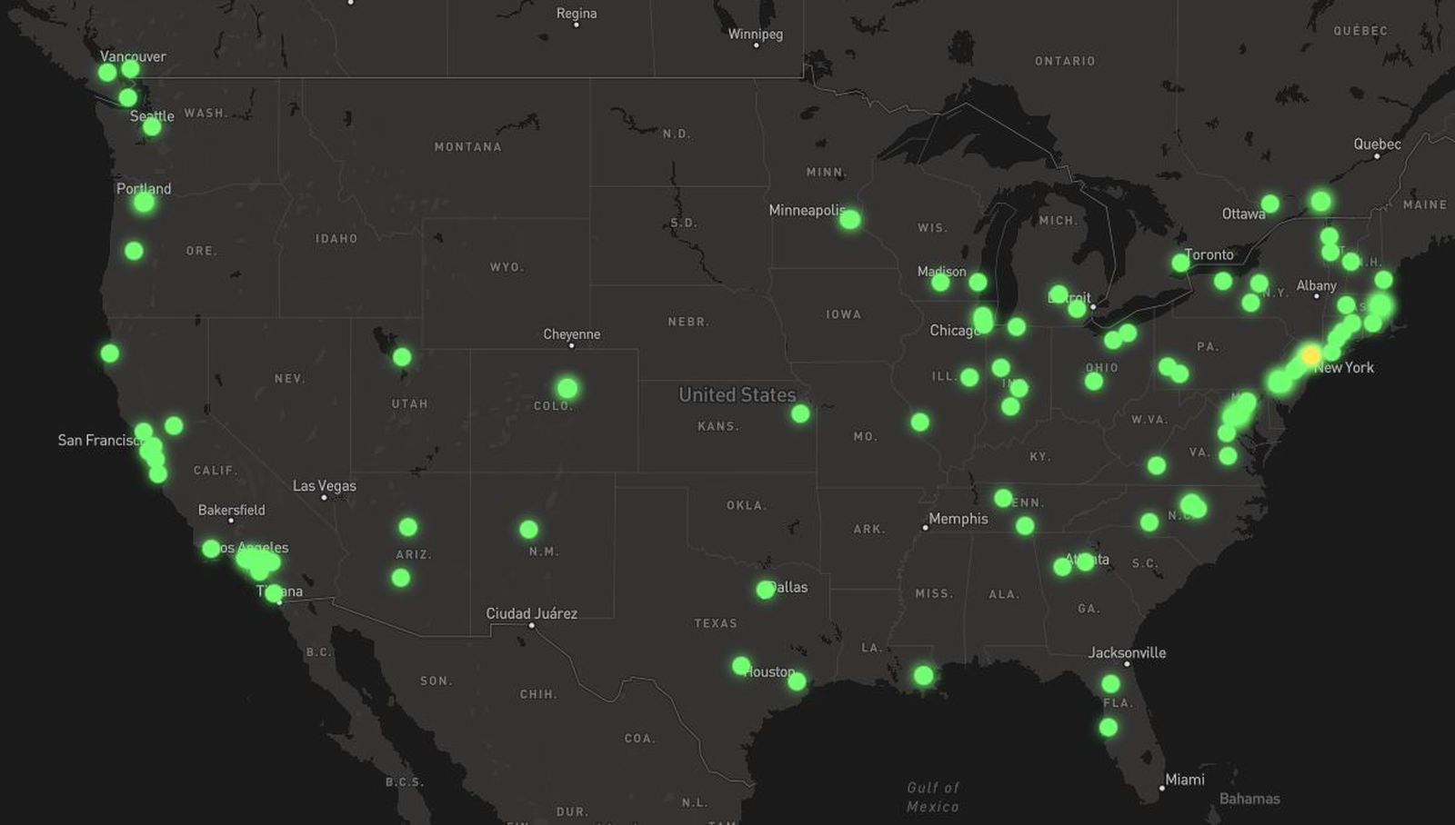 Distribució de les acampades universitàries a favor de Palestina als Estats Units