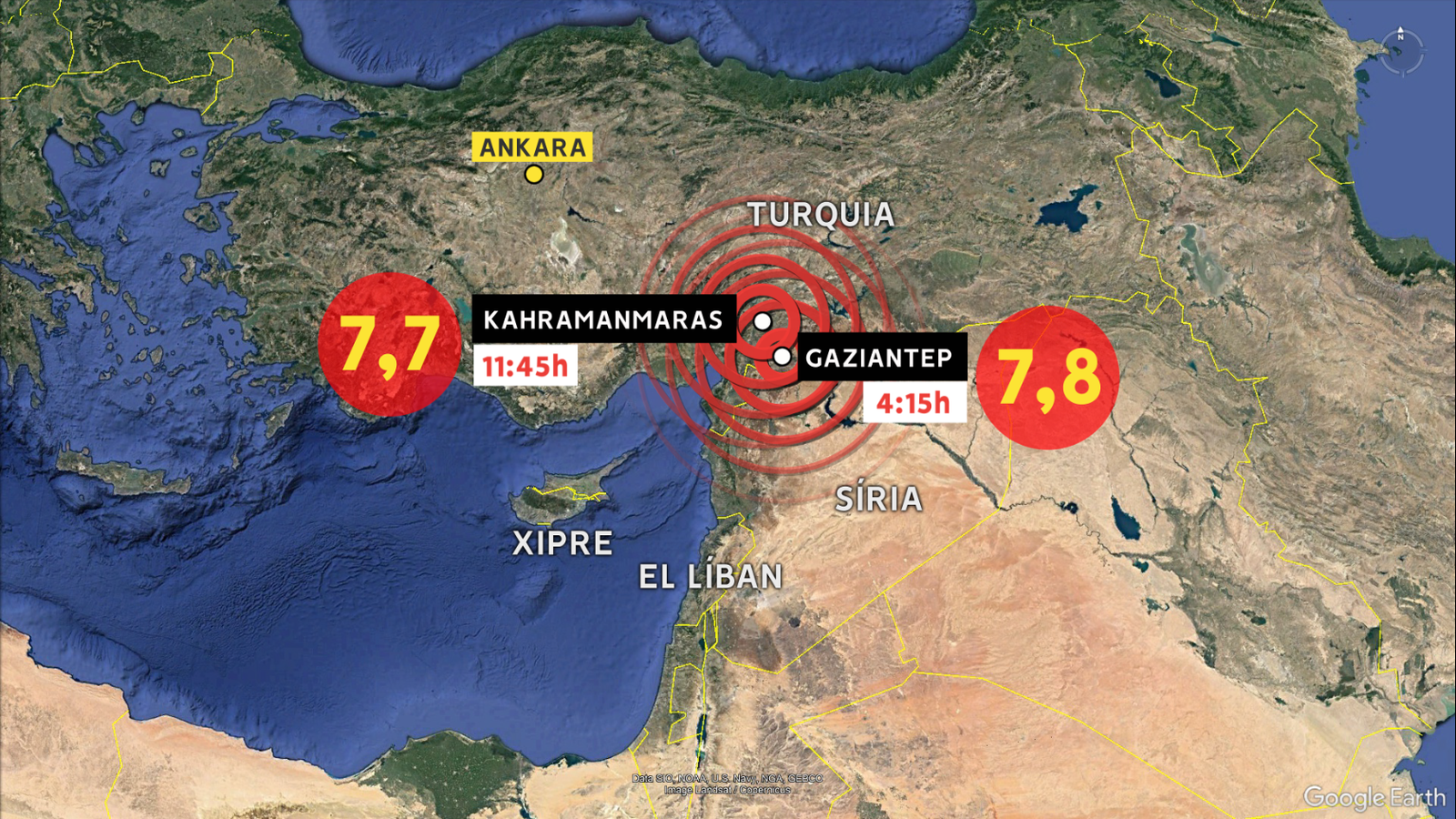 Mapa dels terratrémols que s'han produït aquest dilluns a Turquia