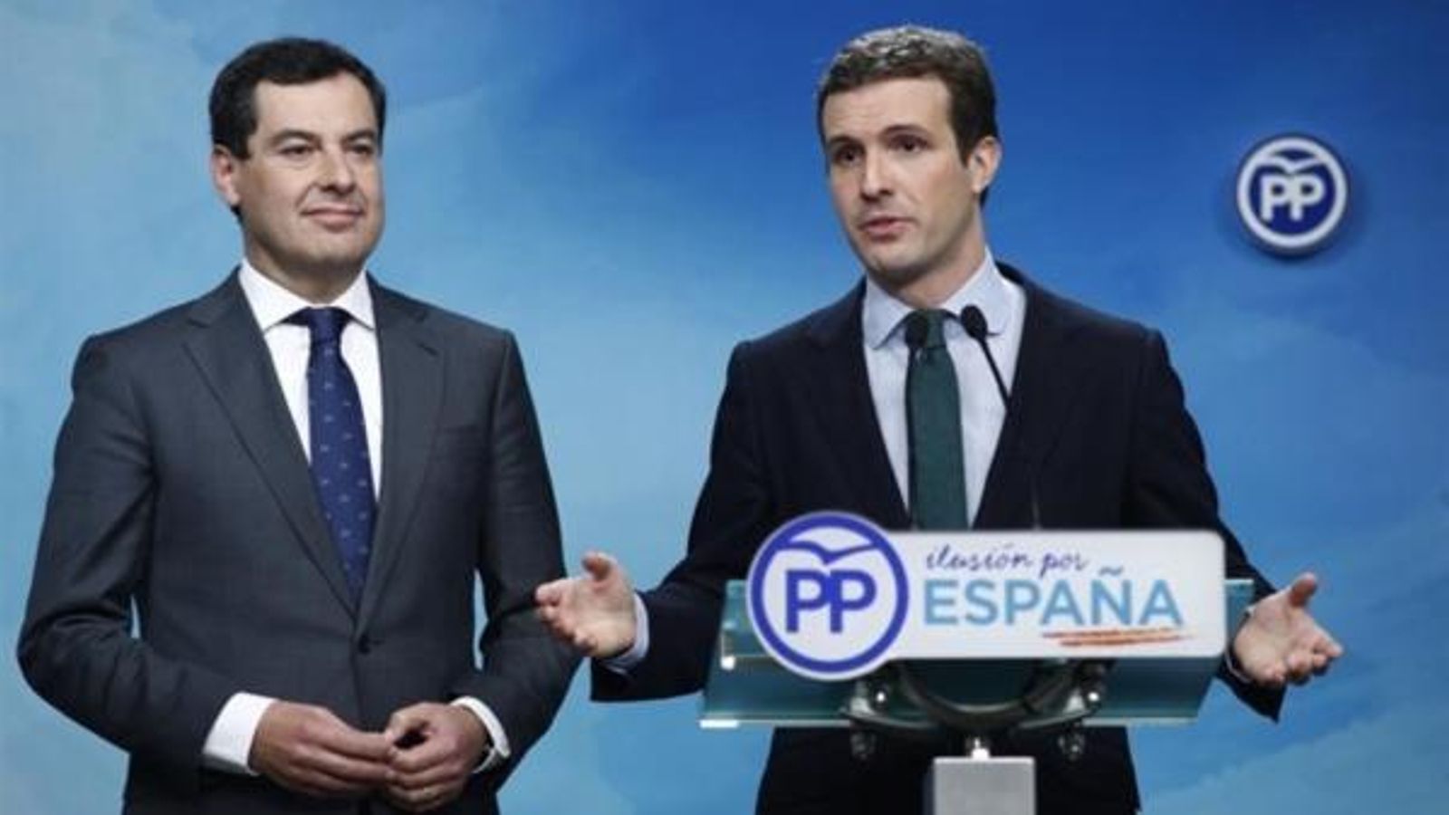 El president del PP, Pablo Casado, i el candidat a la Junta d'Andalusia, Juanma Moreno