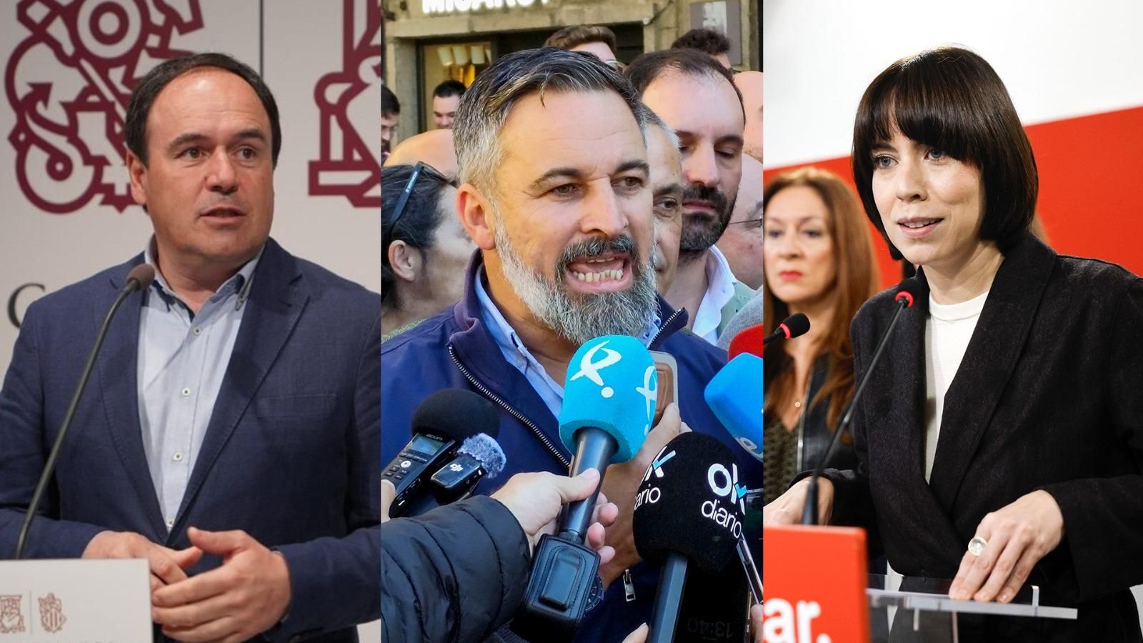 El síndic del PP, Juanfran Pérez Llorca, el president de Vox, Santiago Abascal, i la secretàra general del PSPV, Diana Morant