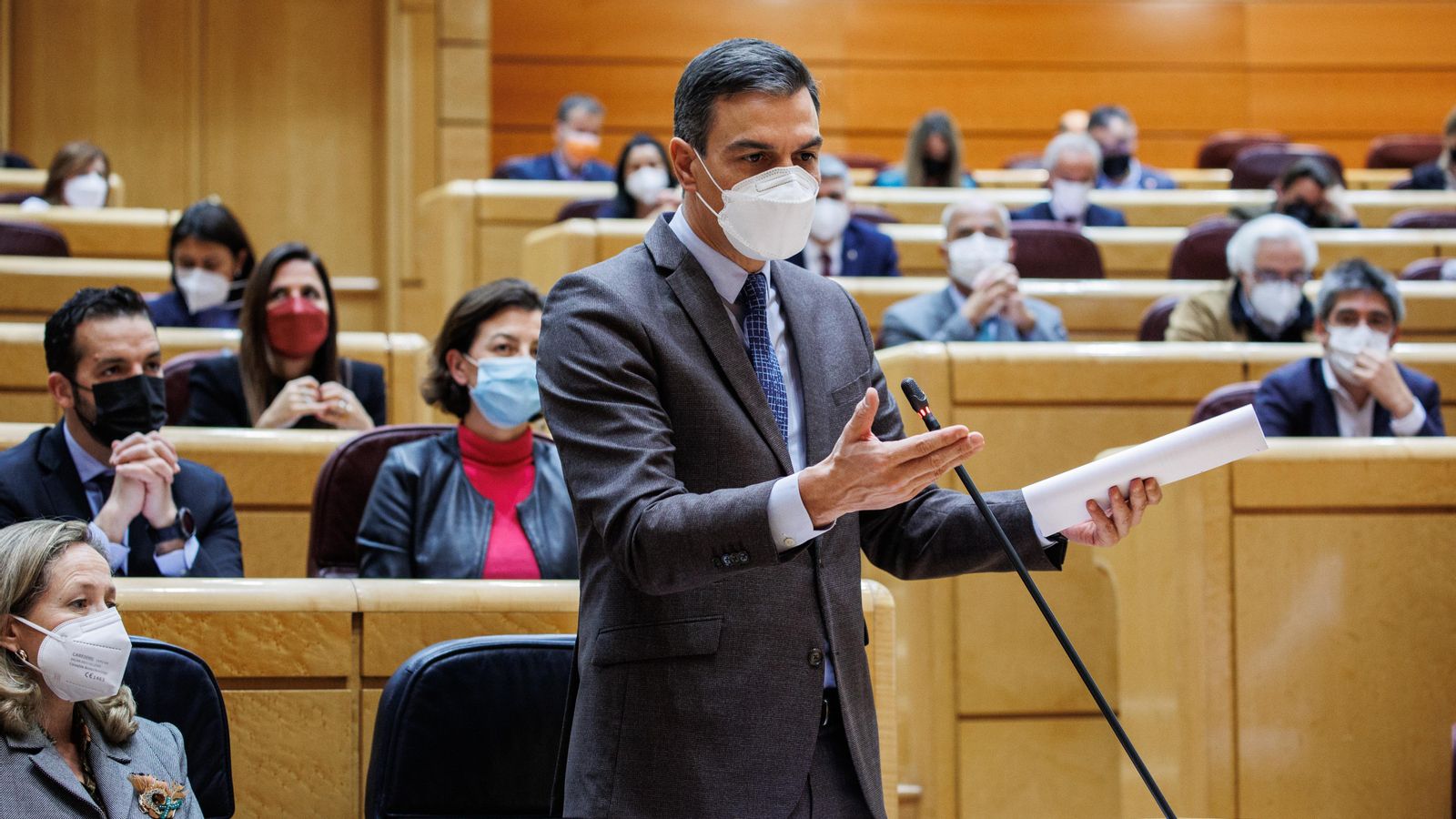 El president del govern espanyol, Pedro Sánchez, intervé en el Senat durant la sessió de Control al Govern a 15 de febrer de 2022