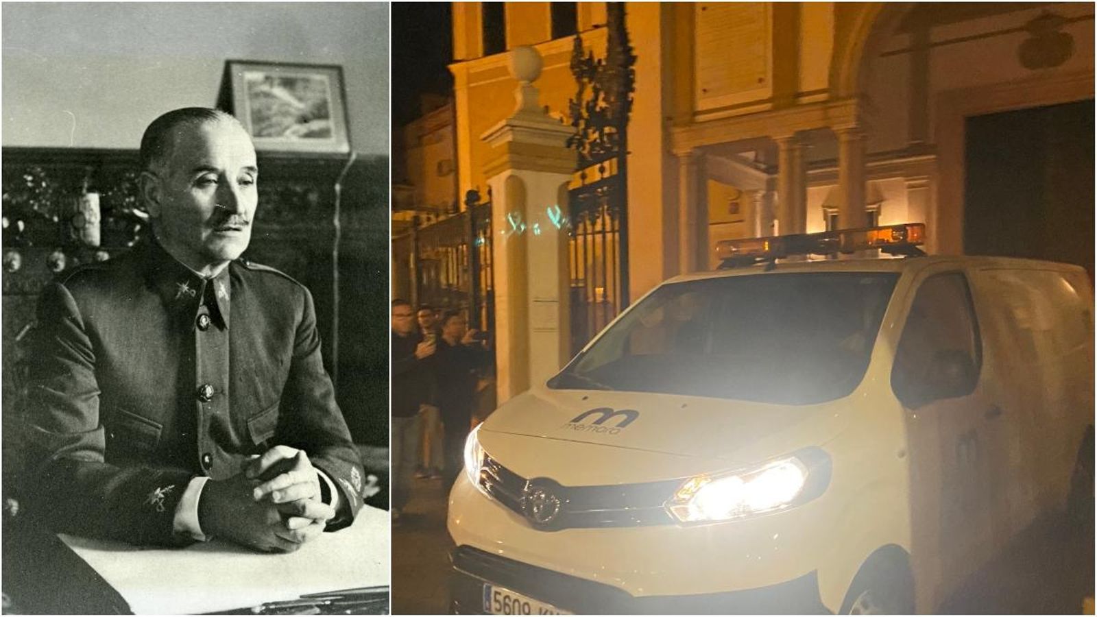 El vehicle fúnebre amb les restes del general franquista Queipo de Llano (esquerra) ha abandonat vora les dos de la matinada el temple catòlic