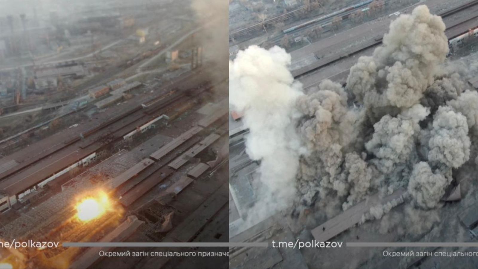 Secuència del bombardeig  rus a instal·lacions industrials de Mariúpol