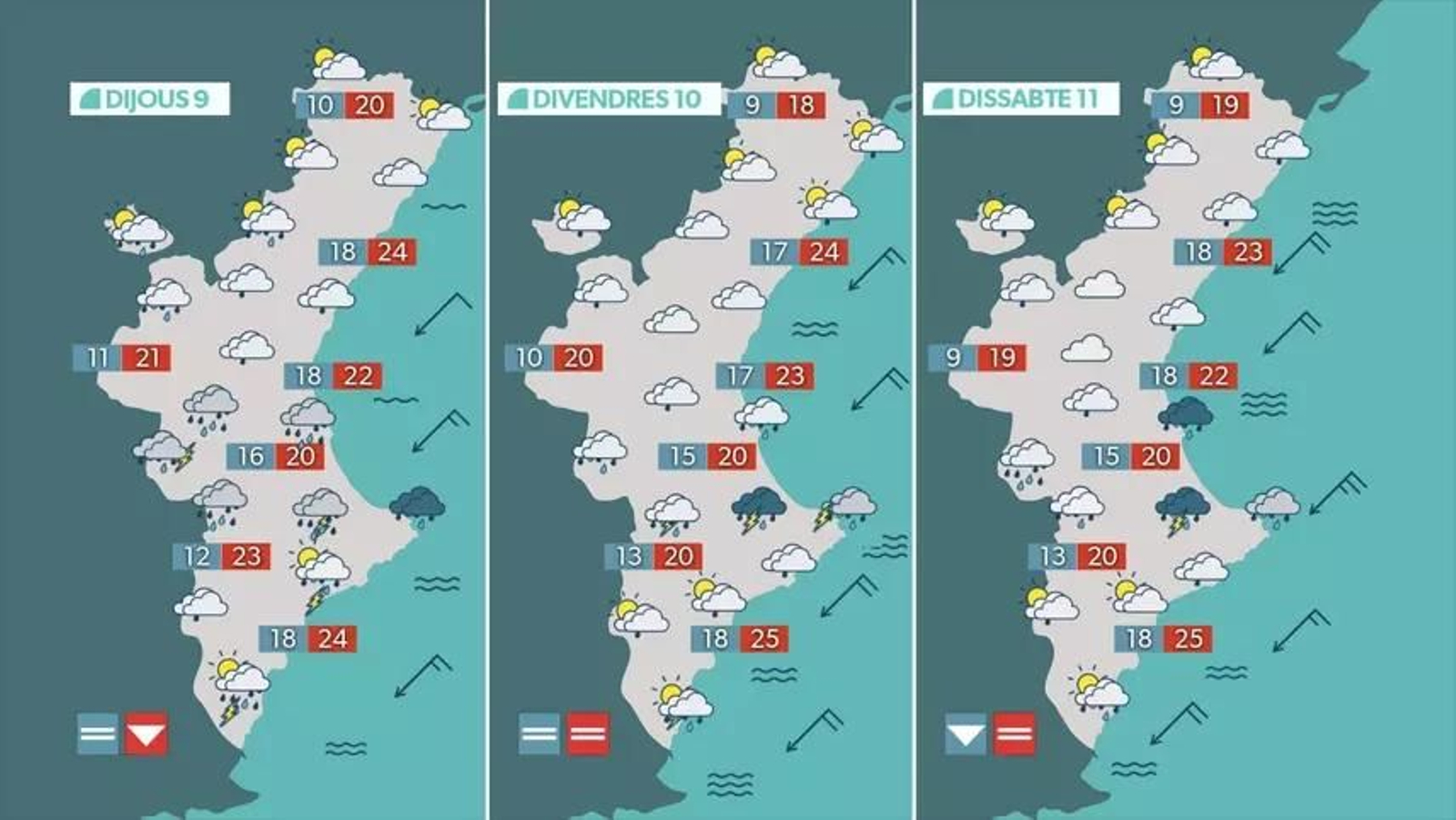 Mapa de pluges per a dijous, divendres i dissabte