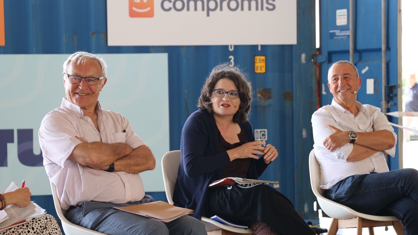 Joan Ribó, Mónica Oltra i Joan Baldoví, en un acte del partit a València en maig de 2022