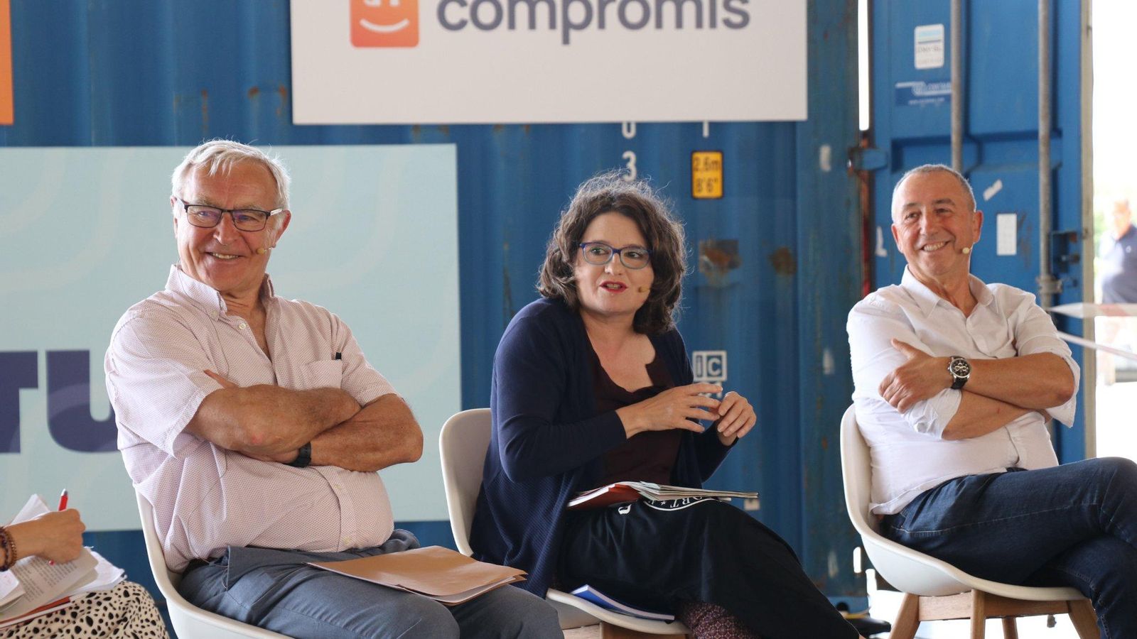 Joan Ribó, Mónica Oltra i Joan Baldoví, en un acte del partit a València en maig de 2022
