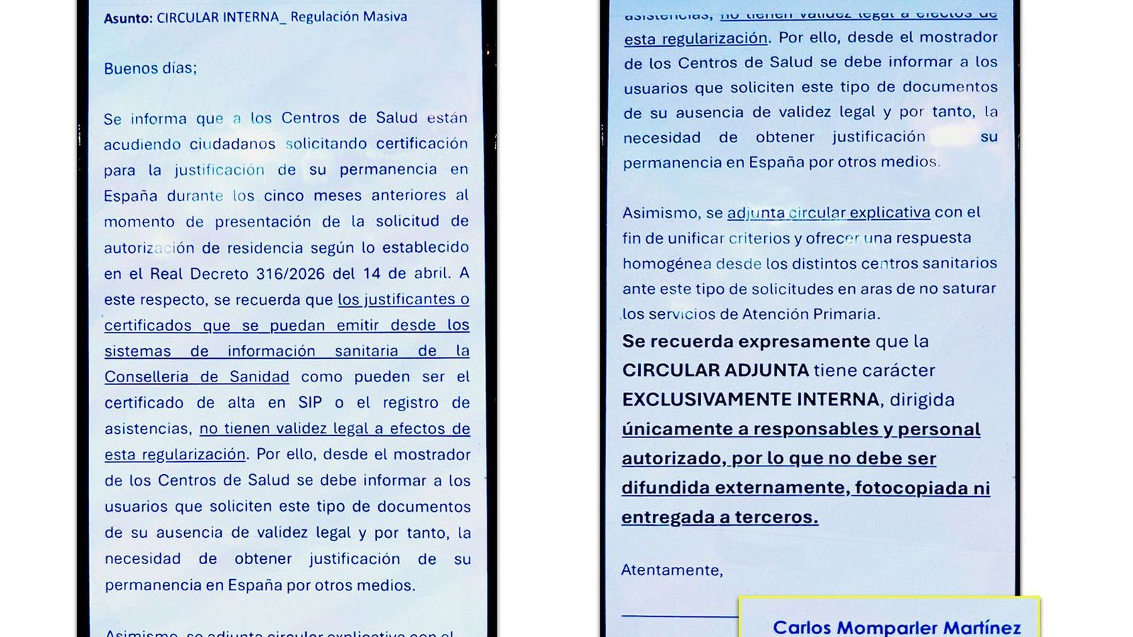 Captura de la presumpta circular interna enviada de la conselleria de Sanitat