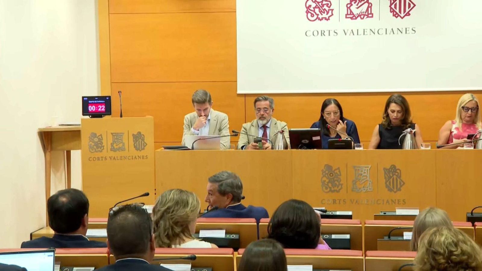 Al fons, la presidència i la mesa de les Corts durant la reunió de la Diputació Permanent