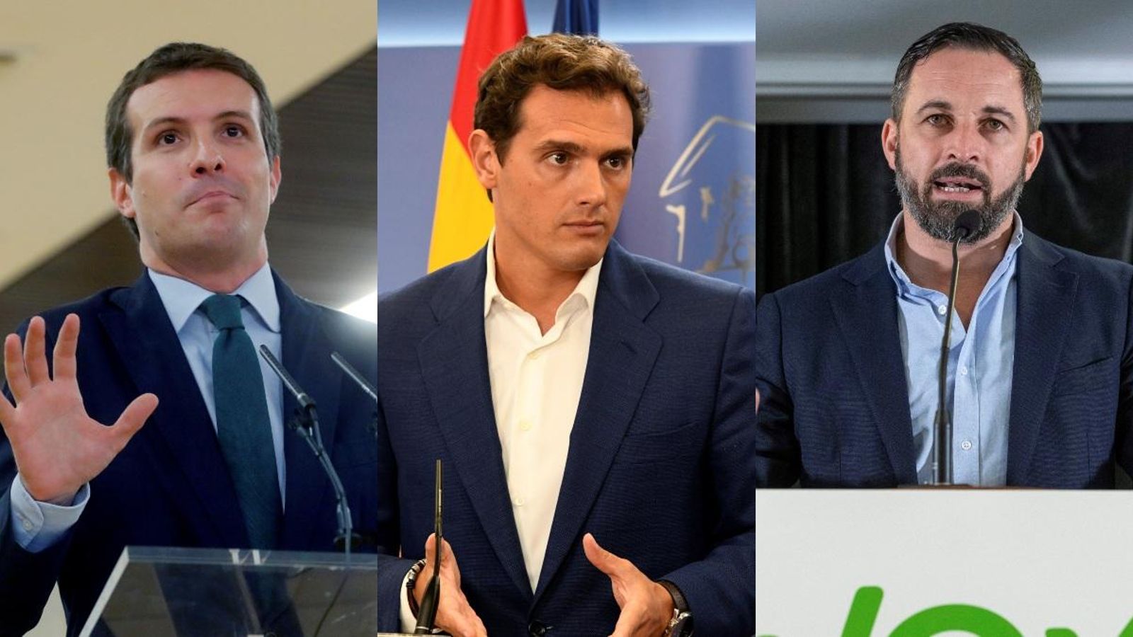 D'esquerra a dreta, Pablo Casado (PP), Albert Rivera (Cs) i Santiago Abascal (Vox)