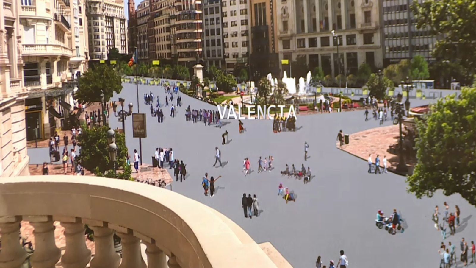 Recreació de la futura plaça de l'Ajuntament de València, on els vianants guanyaran espai