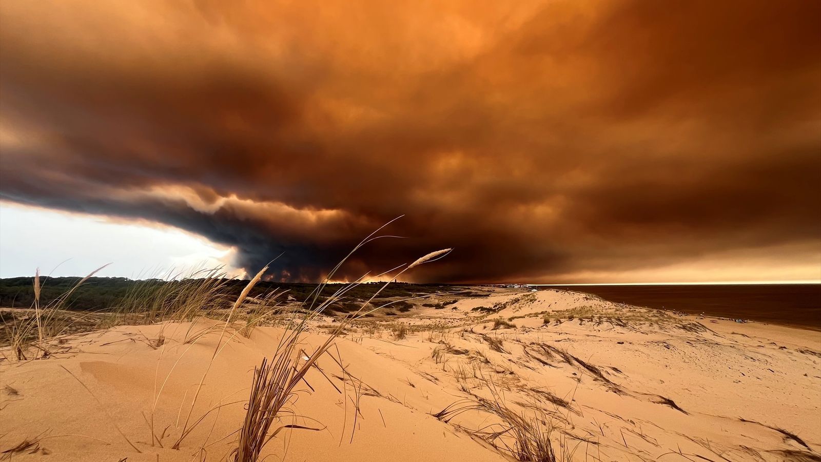 França, Lacanau: columnes de fum dels incendis forestals al sud-est de Lacanau-Océan, fosquegen el cel mentre es desplacen sobre les dunes de la platja del nord