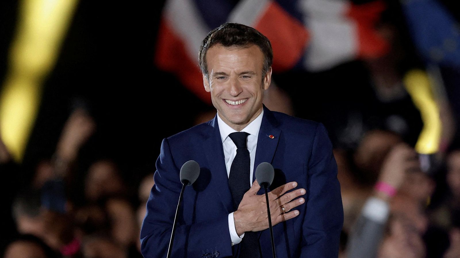 El president francés, Emmanuel Macron, durant el discurs després de ser reelegit El president francés, Emmanuel Macron, durant el discurs després de ser reelegit