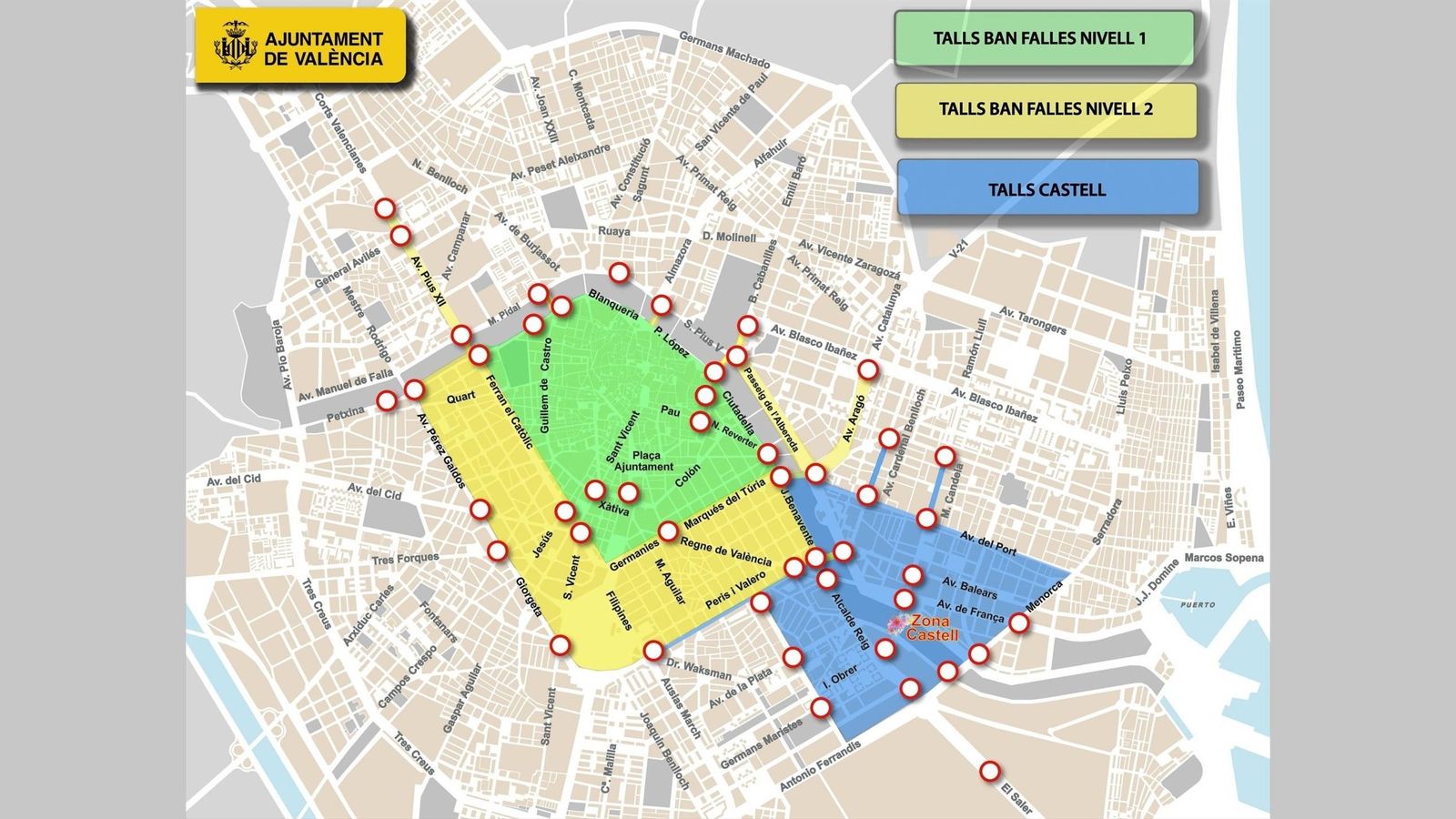 Mapa dels carrers tallats del 16 al 19 de març a València