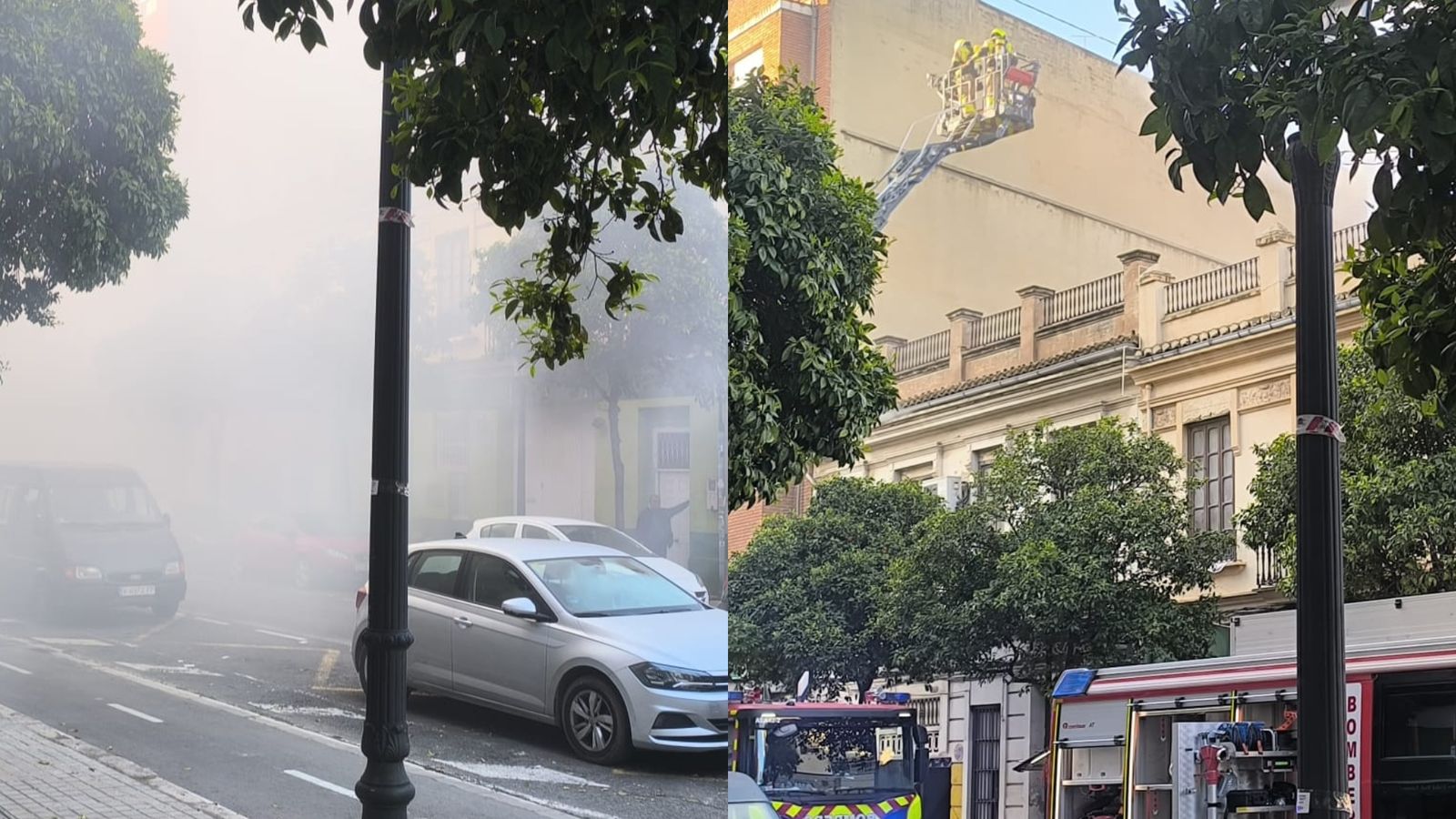 Dispositiu dels bombers treballant a l'incendi declarat al barri de Benicalap, este dilluns
