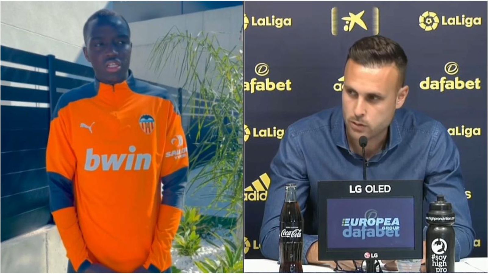 El jugador del València, Mouctar Diakhaby, i el jugador del Cadis, Juan Cala