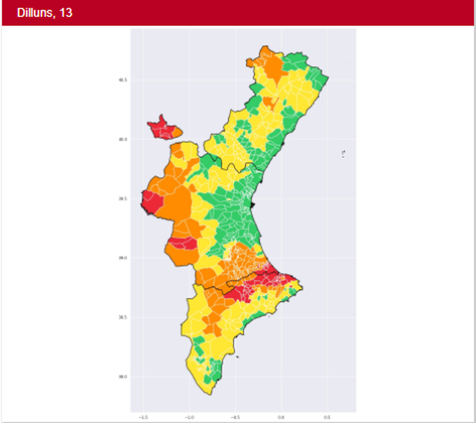 Mapa d'alertes per calor extrema a la Comunitat Valenciana