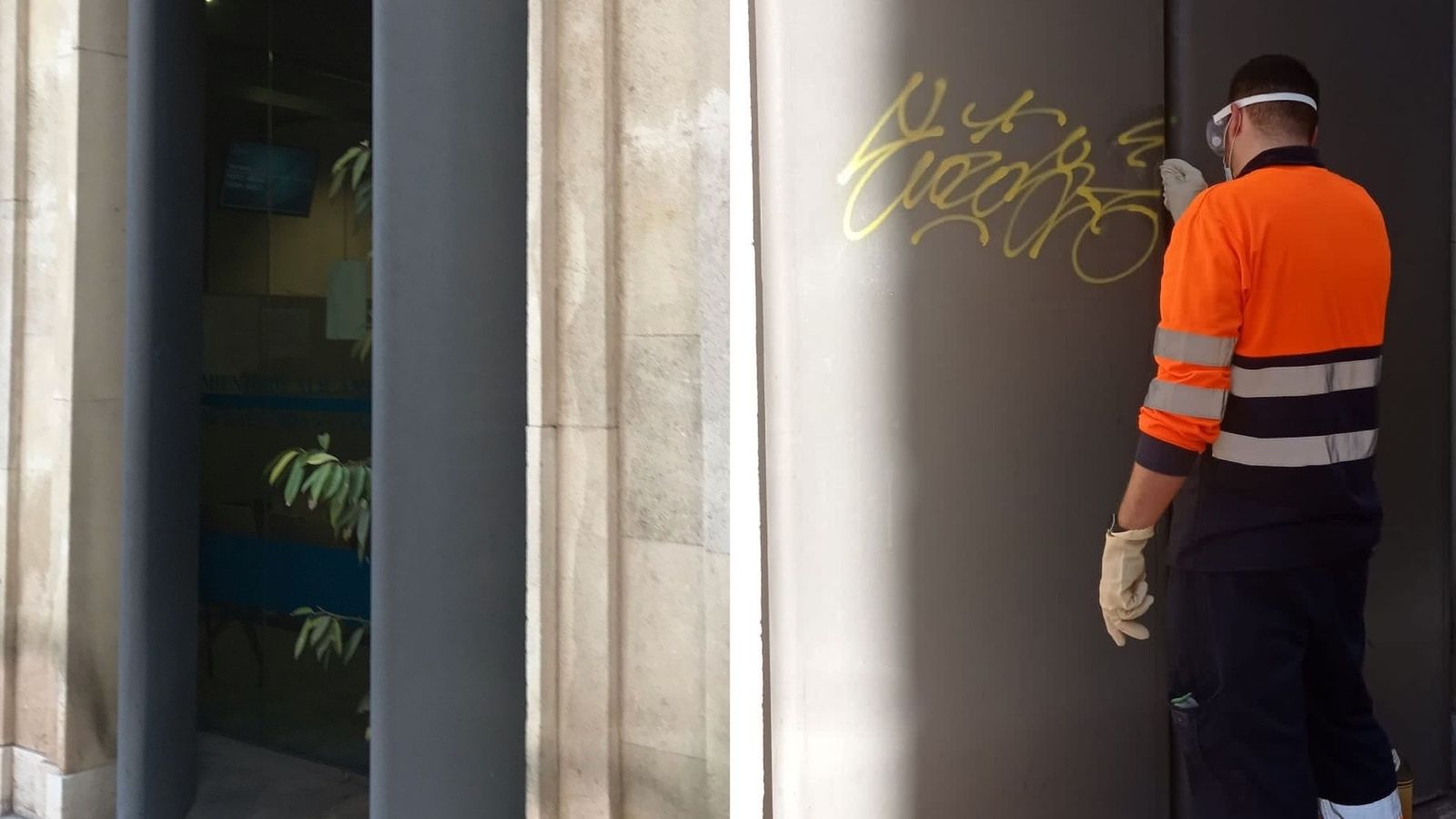 Un treballador de la neteja esborra les pintades a l'Ajuntament de