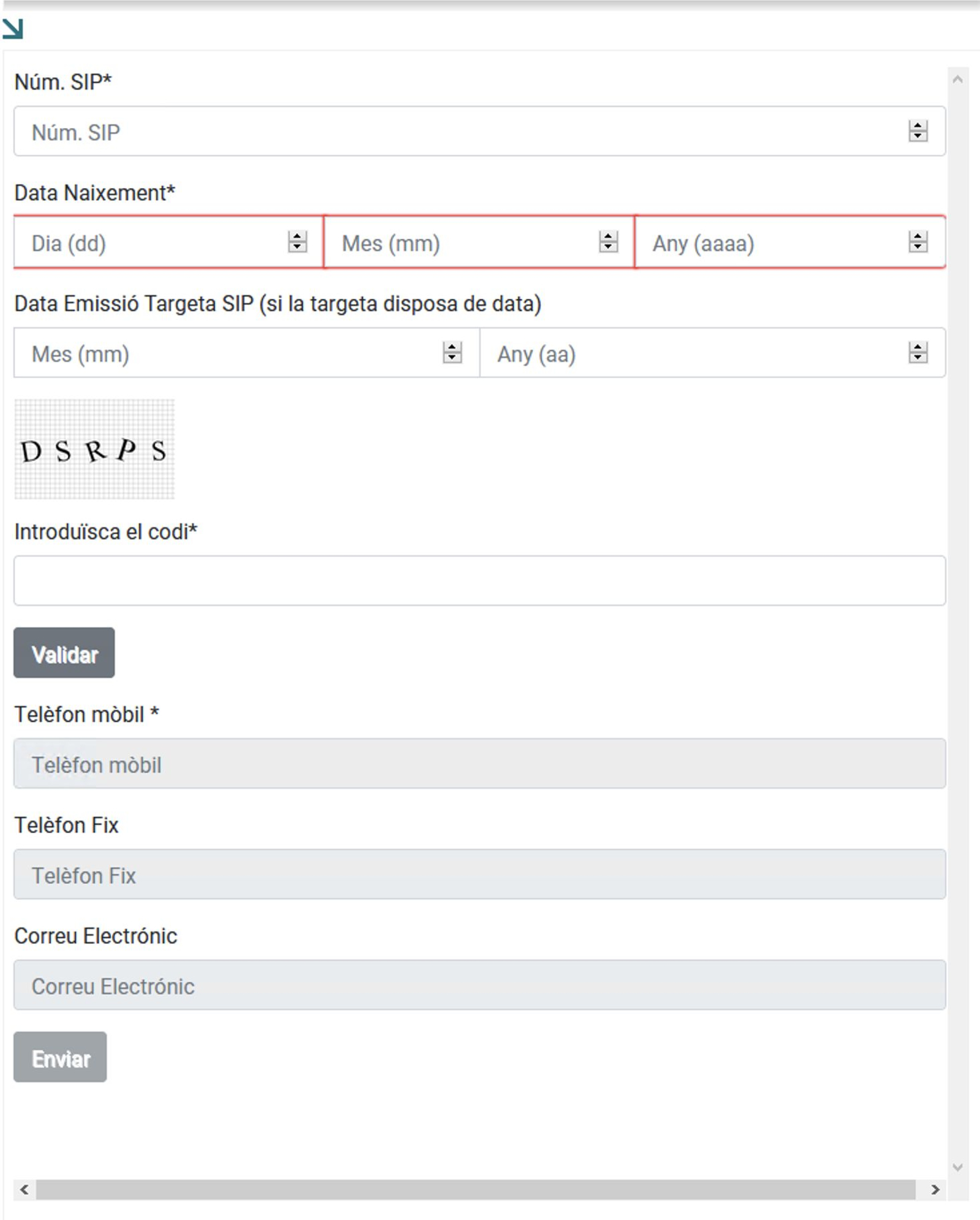 Captura de pantalla del formulari de dades personals del SIP