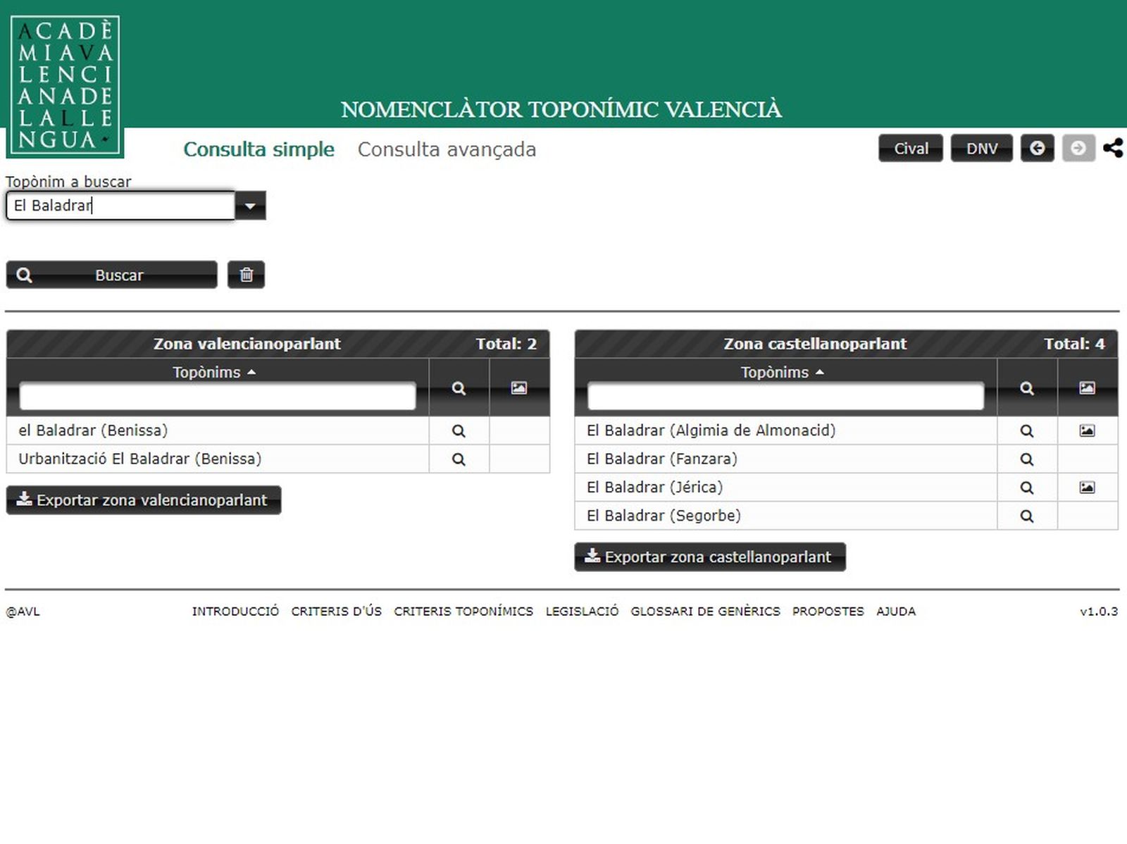 Exemple de recerca del topònim "El Baladrar", amb resultats en zones valencianoparlant i castellanoparlant