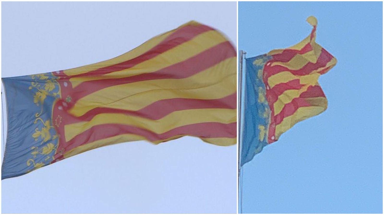 A l'esquerra, la senyera "defectuosa; i a la dreta, la senyera correcta, a les Torres de Quart