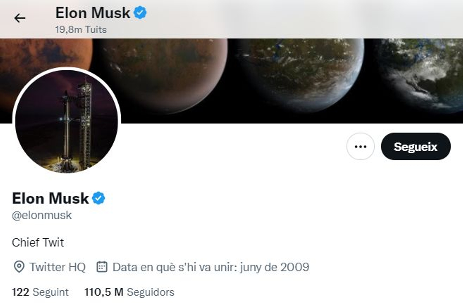 Perfil d'Elon Musk a Twitter