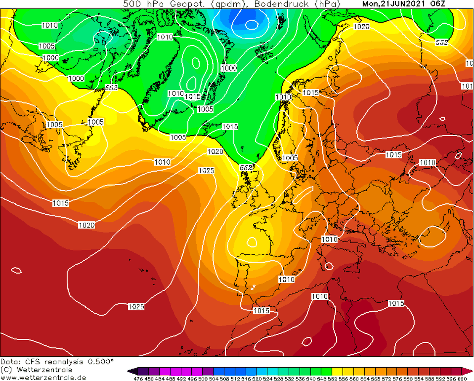 Mapa de 500 hPa i superfície, 21 de juny de 2021