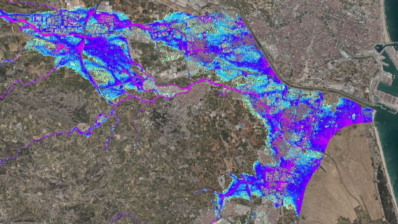 En imatge, les zones en situació de risc d'inundació catàstròfica en l'Horta Sud, en la revisió del Patricova