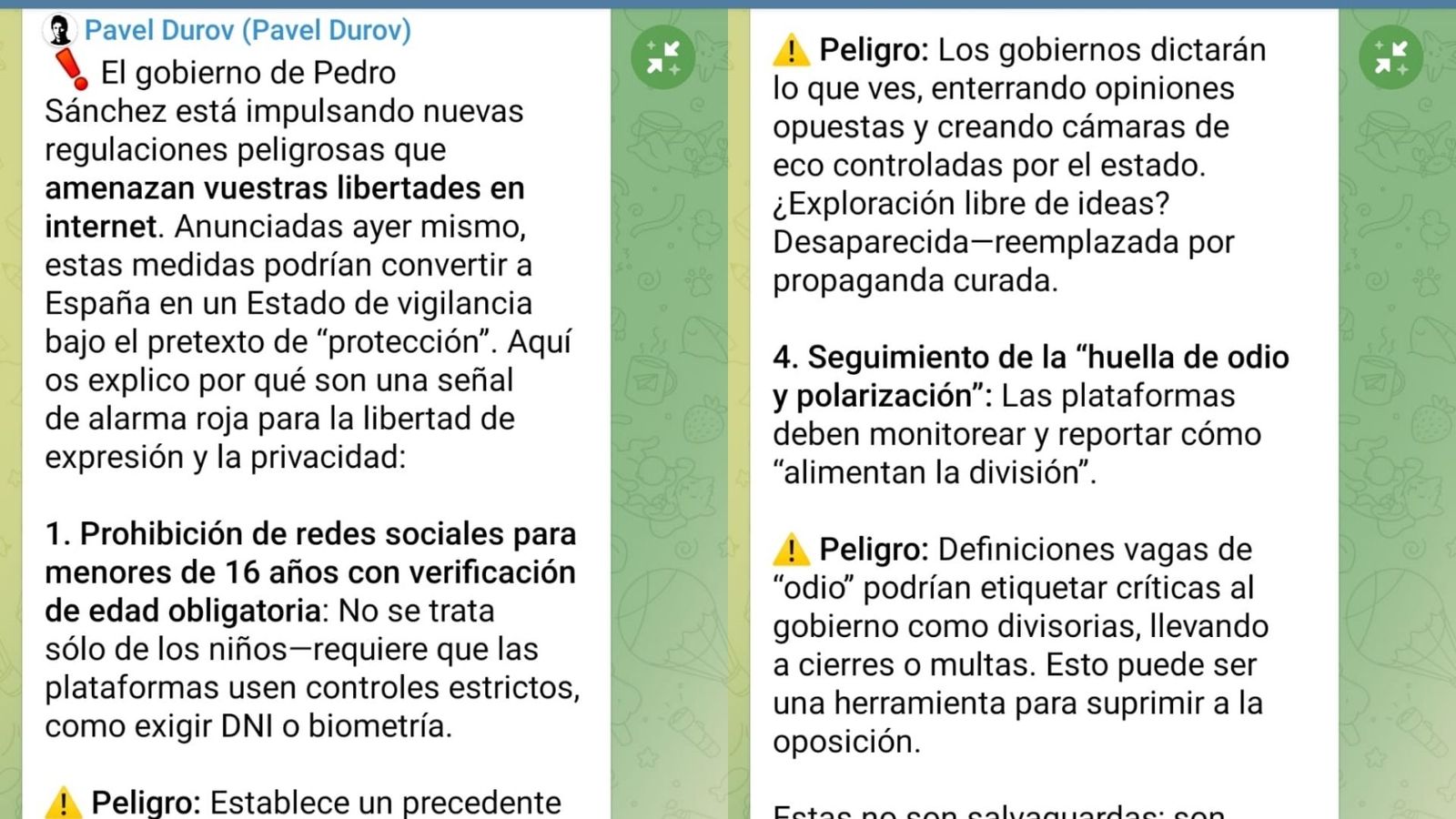 Missatge de Telegram enviat als usuaris espanyols