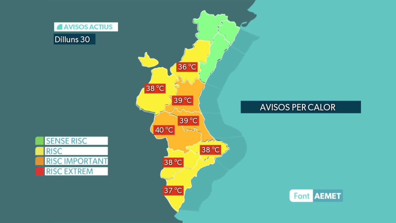 Els avisos actius per calor este dilluns Els avisos actius per calor este dilluns