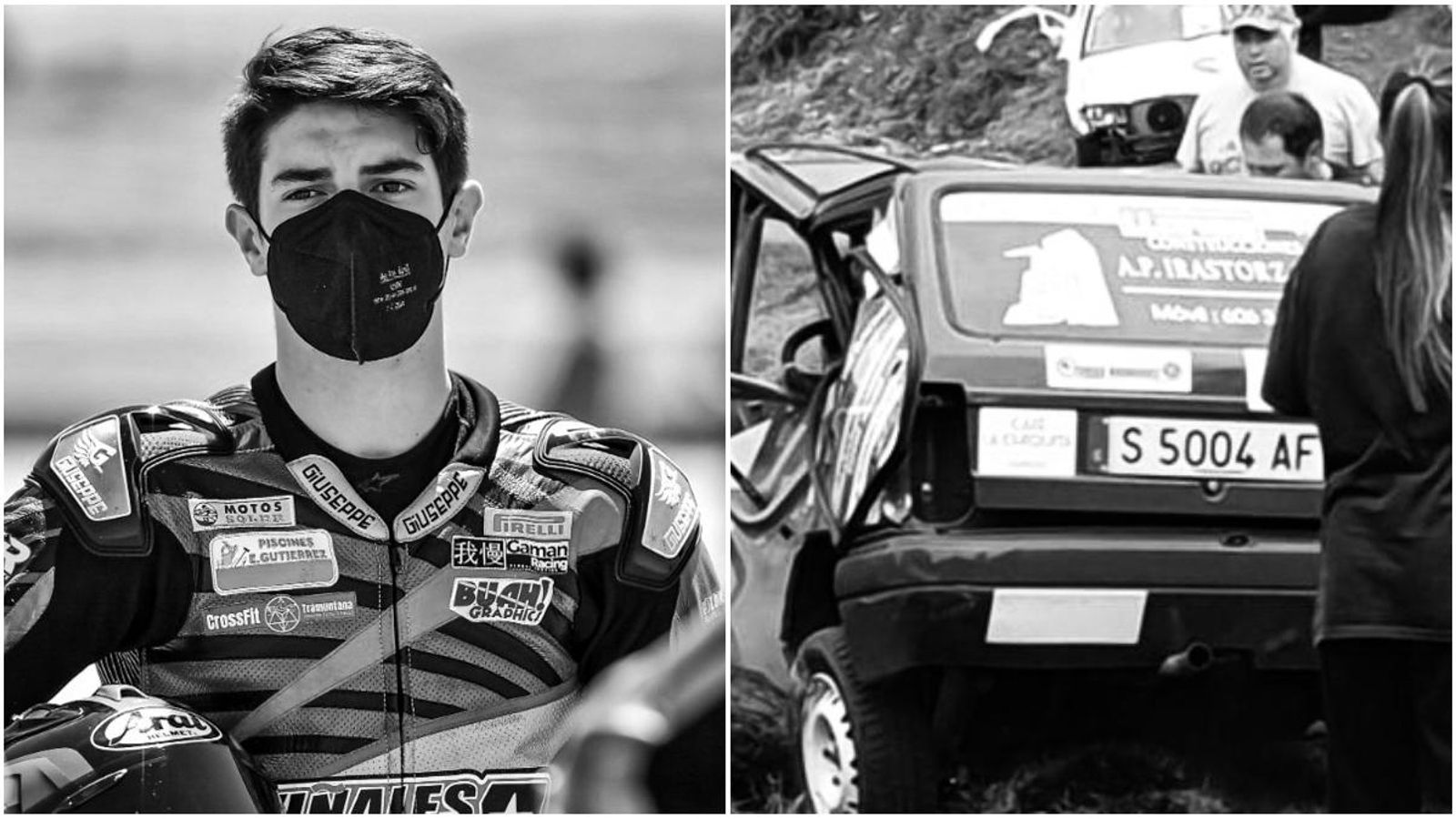 Dean Berta Viñales, durant un Gran Premi, i el Seat Marbella que s'ha estavellat a Llanes