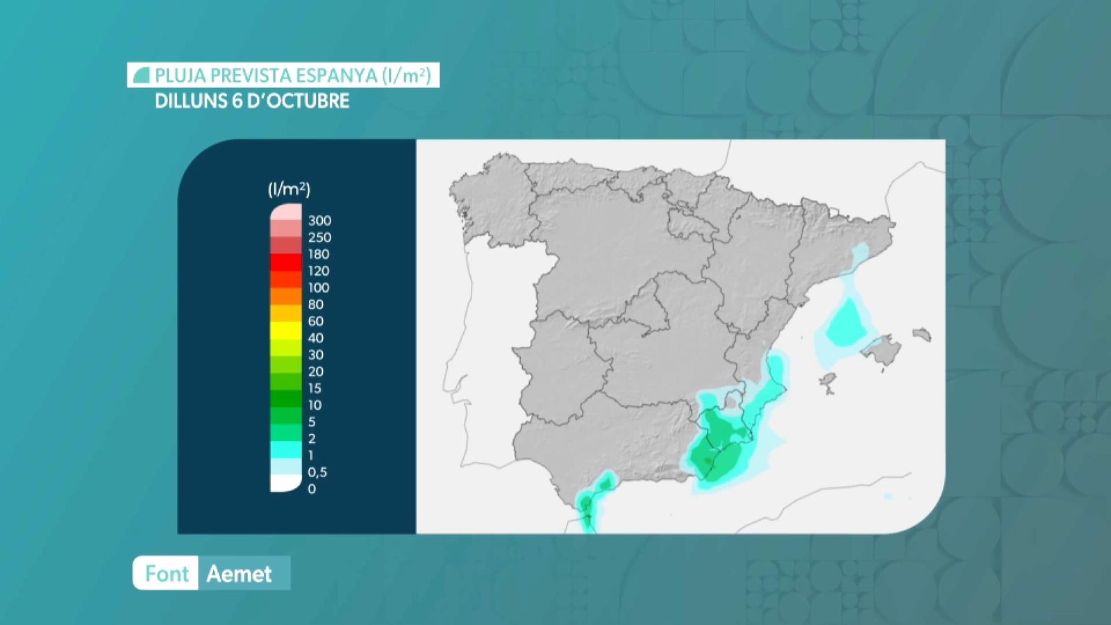 En imatge, la previsió de pluges per a este dilluns 6 d'octubre