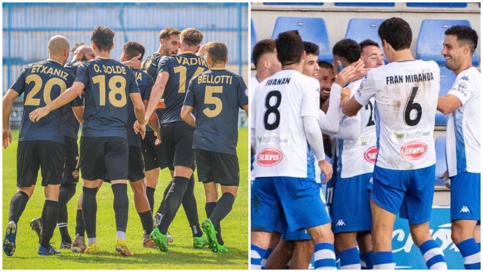 Els jugadors de l'Intercity (esquerra) i l'Alcoià (dreta) celebren un gol