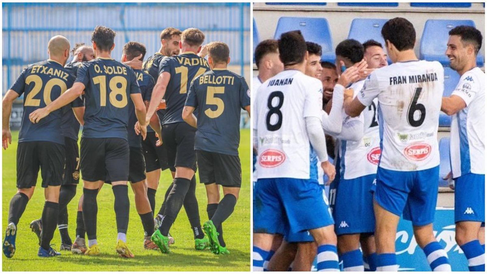 Els jugadors de l'Intercity (esquerra) i l'Alcoià (dreta) celebren un gol Els jugadors de l'Intercity (esquerra) i l'Alcoià (dreta) celebren un gol