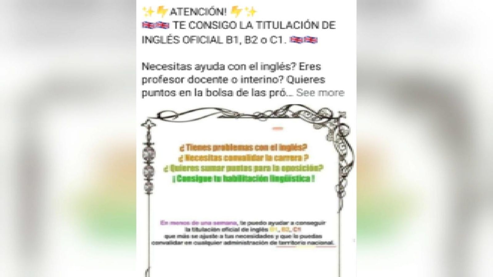Anunci en xarxes que ofereixen suplantar la identitat en exàmens d'anglés