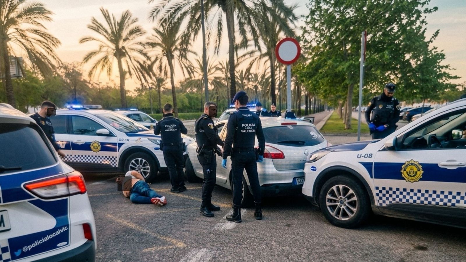 L'arrestat, en terra, després de la persecució policial que va aconseguir detindre'l prop del cementeri general de València