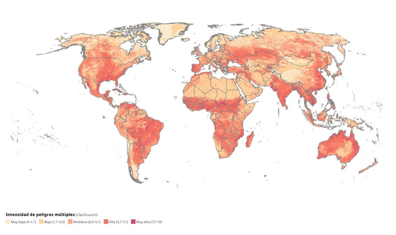 Zones on es registren les intensitats més altes d'exposició a perills climàtiques múltiples