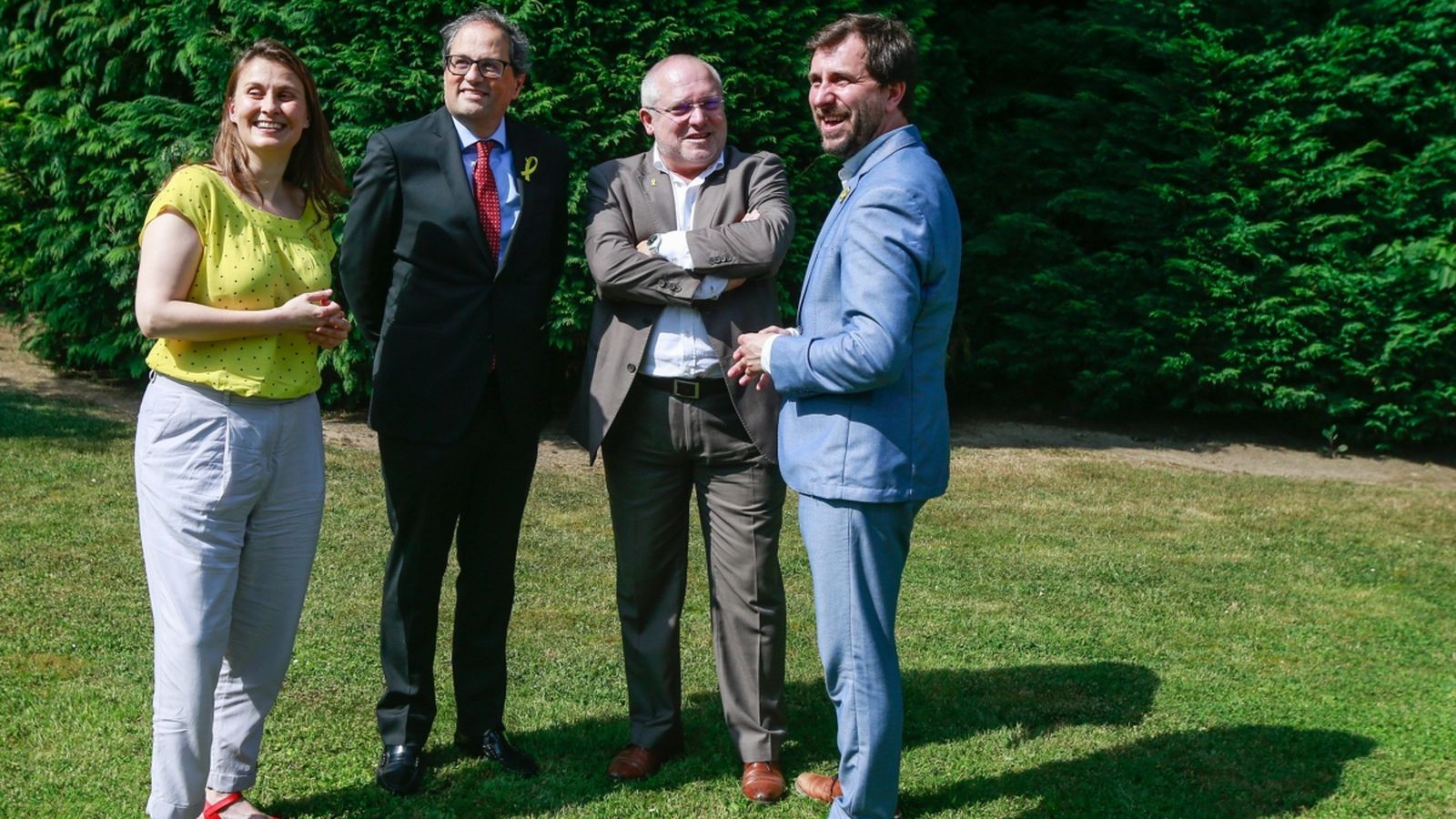 Quim Torra, amb els exconsellers Antoni Comín, Lluis Puig i Meritxel Serret a Waterloo