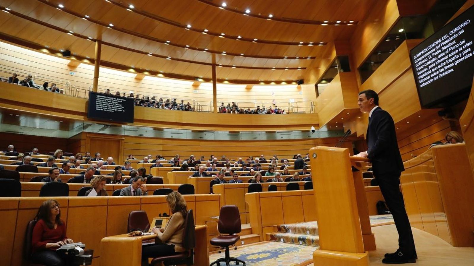 El president del Govern, Pedro Sánchez, durant la seua compareixença en la sessió plenària del Senat El president del Govern, Pedro Sánchez, durant la seua compareixença en la sessió plenària del Senat