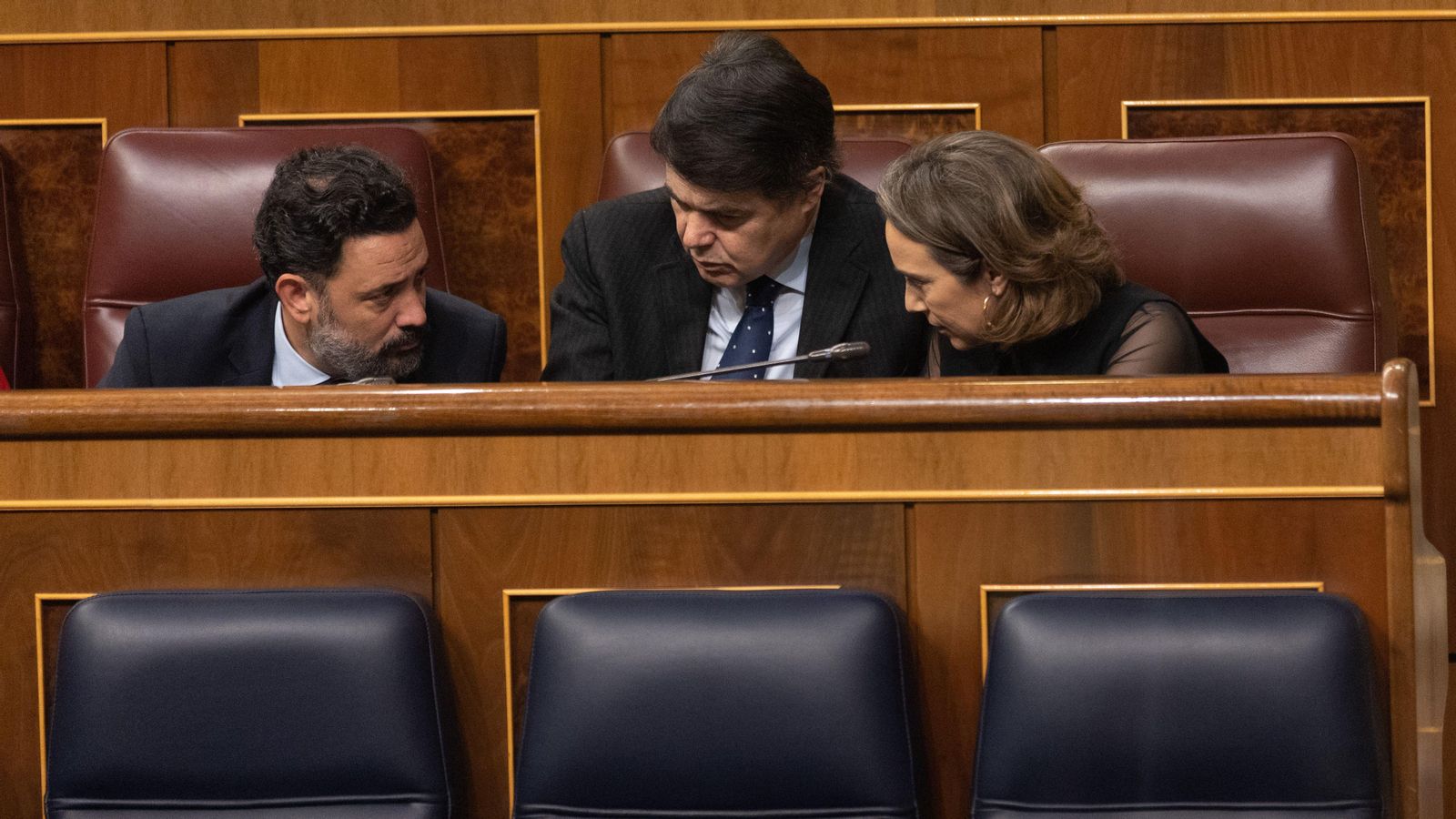 La portaveu parlamentària del PP, Cuca Gamarra, conversa amb dos diputats del PP durant la sessió de control que se celebra al Congrés d’aquest dimecres