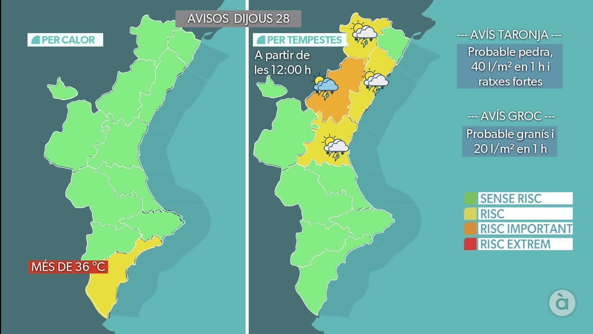 Avisos meteorològics per a este dijous, 28 d'agost Avisos meteorològics per a este dijous, 28 d'agost