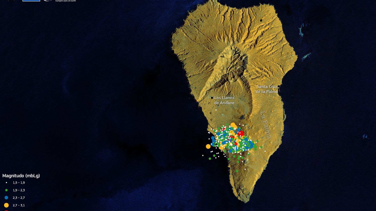 Epicentres dels sismes detectats en l'entorn del volcà Cimera Vella