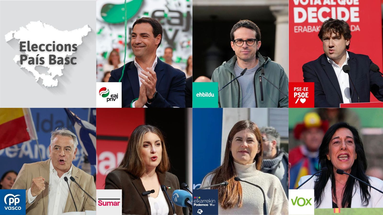 Els candidats Imanol Pradales (PNB), Pello Otxandiano (EH Bildu), Eneko Andueza (PSE), Javier de Andrés (PP), Alba García Martín (Sumar), Miren Gorrotxategi (Elkarrekin Podem) i Amaia Martínez (Vox)