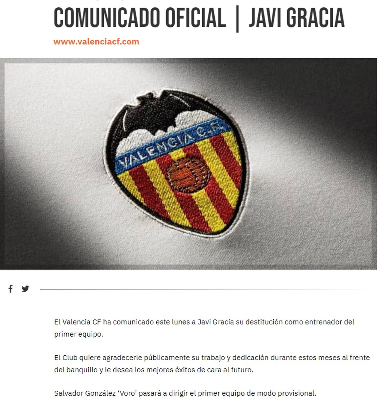 El València comunica la destitució de Javi Gracia