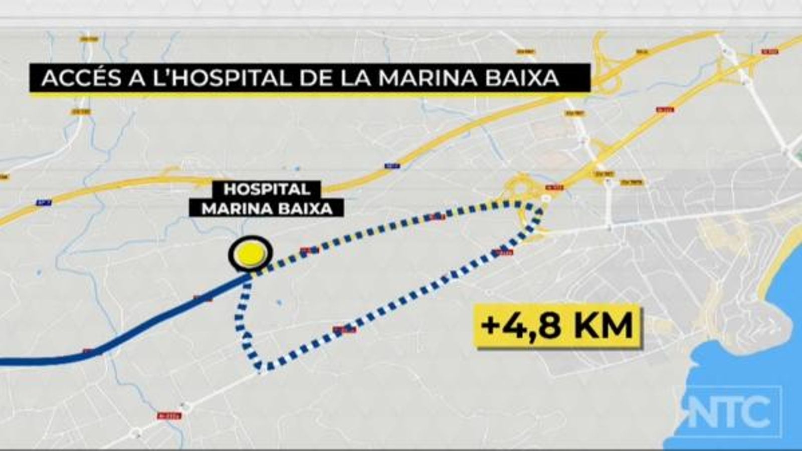 La circumval·lació de la Vila Joiosa passa a només 50 metres de l'hospital, però una ambulància necessita fer 5 quilòmetres i invertir 8 minuts extra per a poder arribar al centre La circumval·lació de la Vila Joiosa passa a només 50 metres de l'hospital, però una ambulància necessita fer 5 quilòmetres i invertir 8 minuts extra per a poder arribar al centre