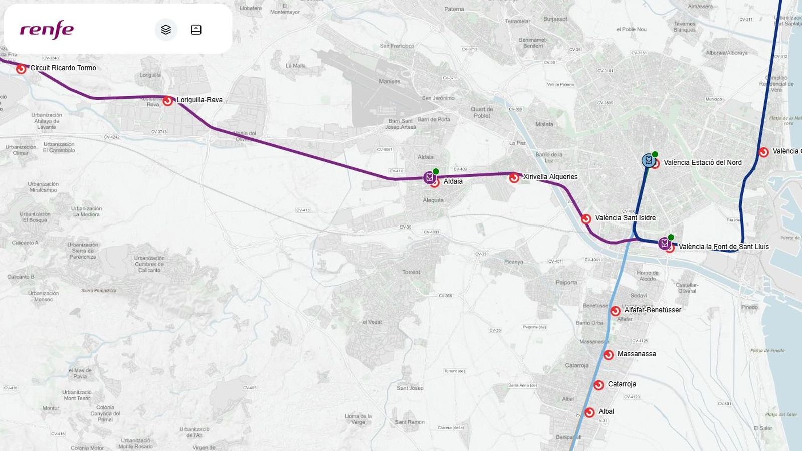 Mapa on es pot apreciar, en temps real, on estan els trens de Rodalia en circulació