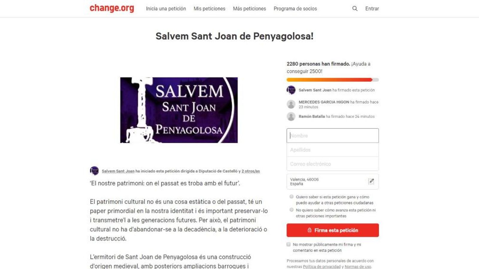 Imatge de la petició en línia per a restaurar el santuari