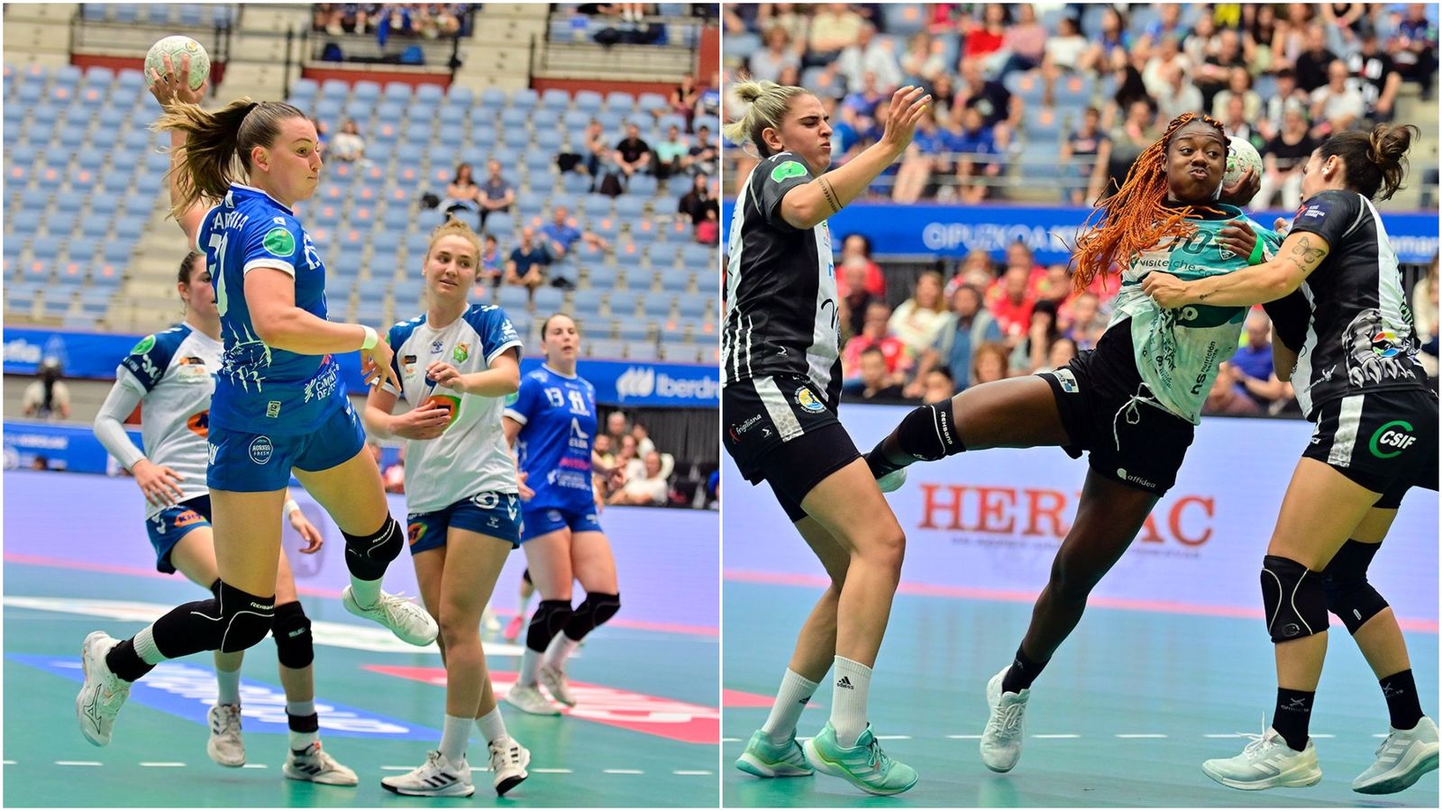 Una jugadora de l'Elda Prestigio i una de l'Elx, en dos accions d'atac