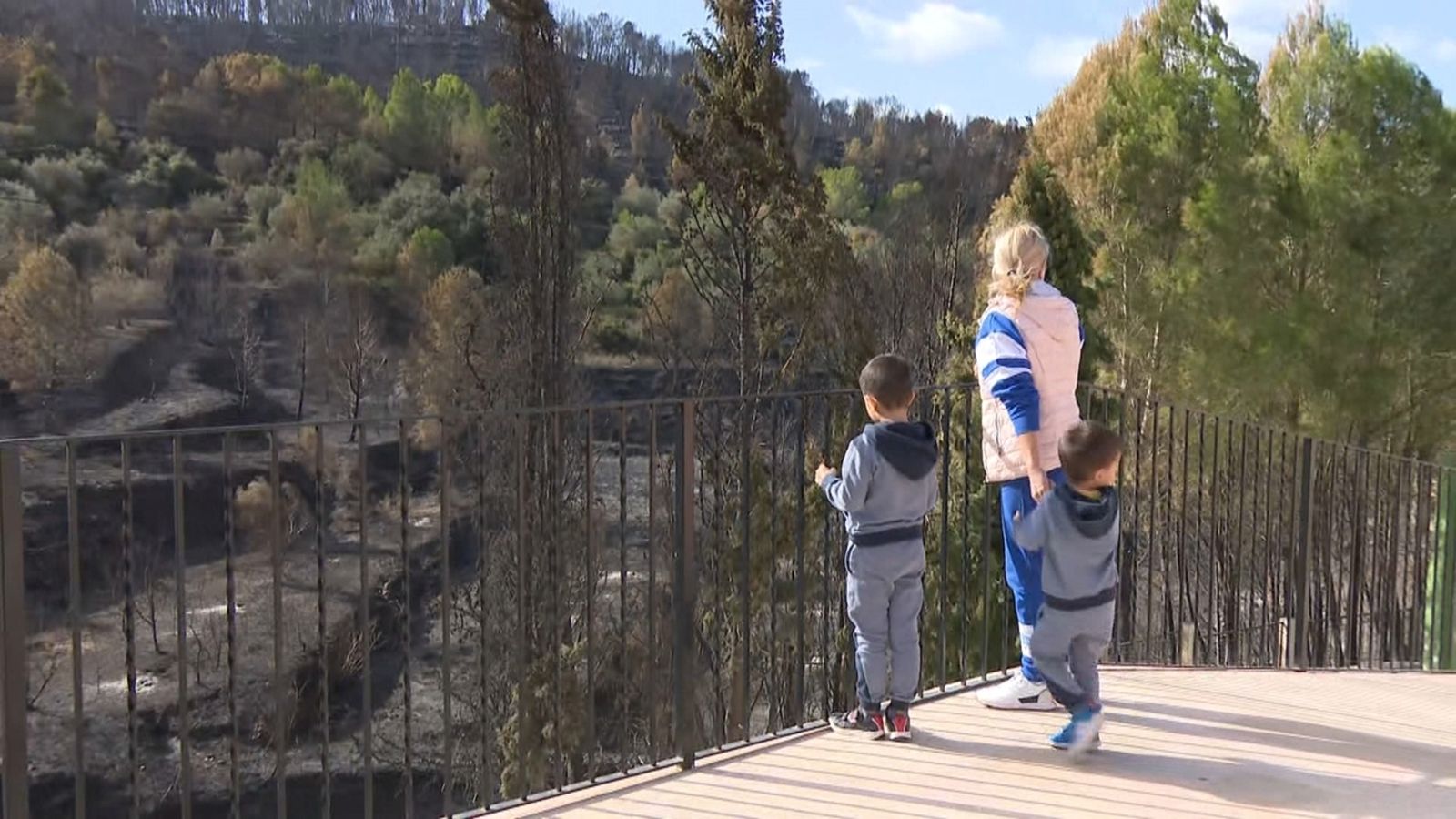 Una família osberva els efectes de l'incendi a Terrateig