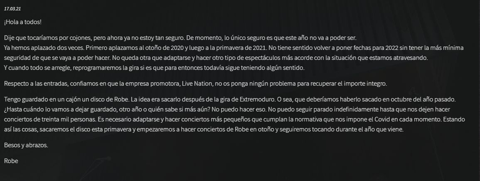Comunicat d'Extremoduro publicat el 17 de març de 2021